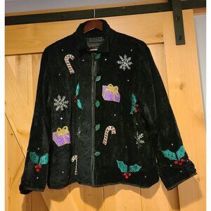 Vintage Casual Designs Size L Black Cardigan Sweater Velvety Rayon Holiday